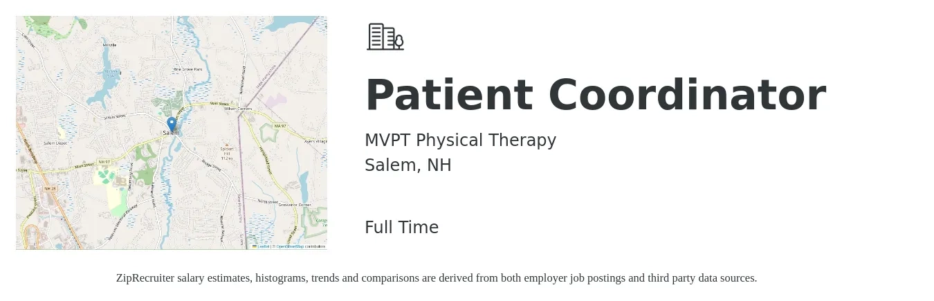 MVPT Physical Therapy job posting for a Patient Coordinator in Salem, NH with a salary of $17 to $23 Hourly with a map of Salem location.
