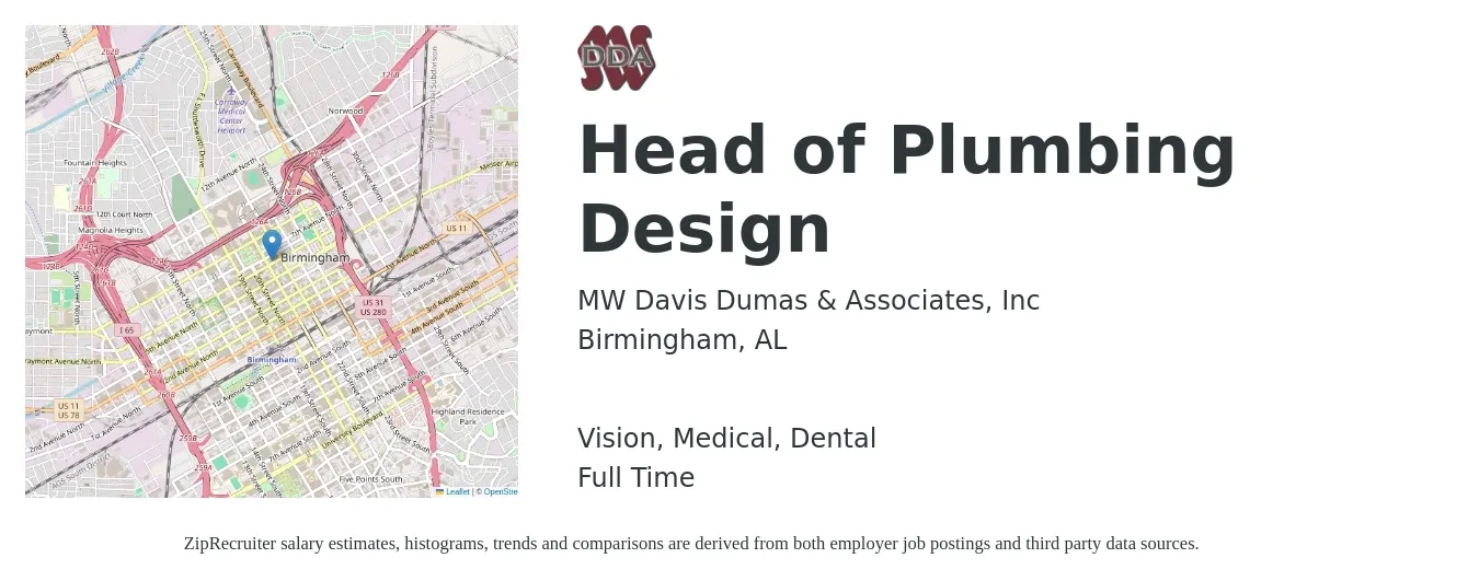 MW/Davis Dumas & Associates, Inc. job posting for a Head of Plumbing Design in Birmingham, AL with a salary of $70,800 to $92,800 Yearly with a map of Birmingham location.