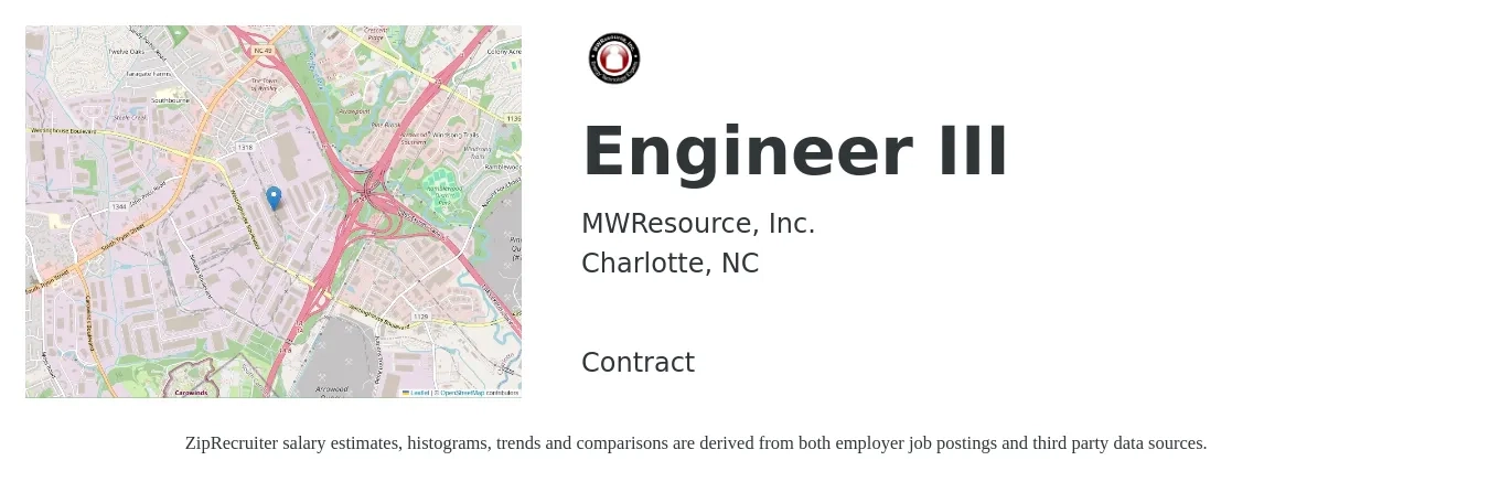 MWResource, Inc. job posting for a Engineer III in Charlotte, NC with a salary of $76,000 to $105,400 Yearly with a map of Charlotte location.