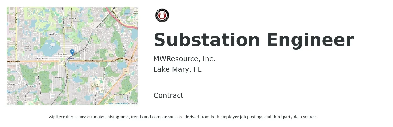 MWResource, Inc. job posting for a Substation Engineer in Lake Mary, FL with a salary of $86,100 to $109,700 Yearly with a map of Lake Mary location.
