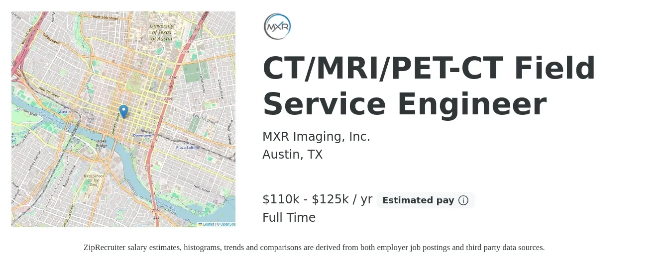 MXR Imaging, Inc. job posting for a CT/MRI/PET-CT Field Service Engineer in Austin, TX with a salary of $110,000 to $125,000 Yearly with a map of Austin location.