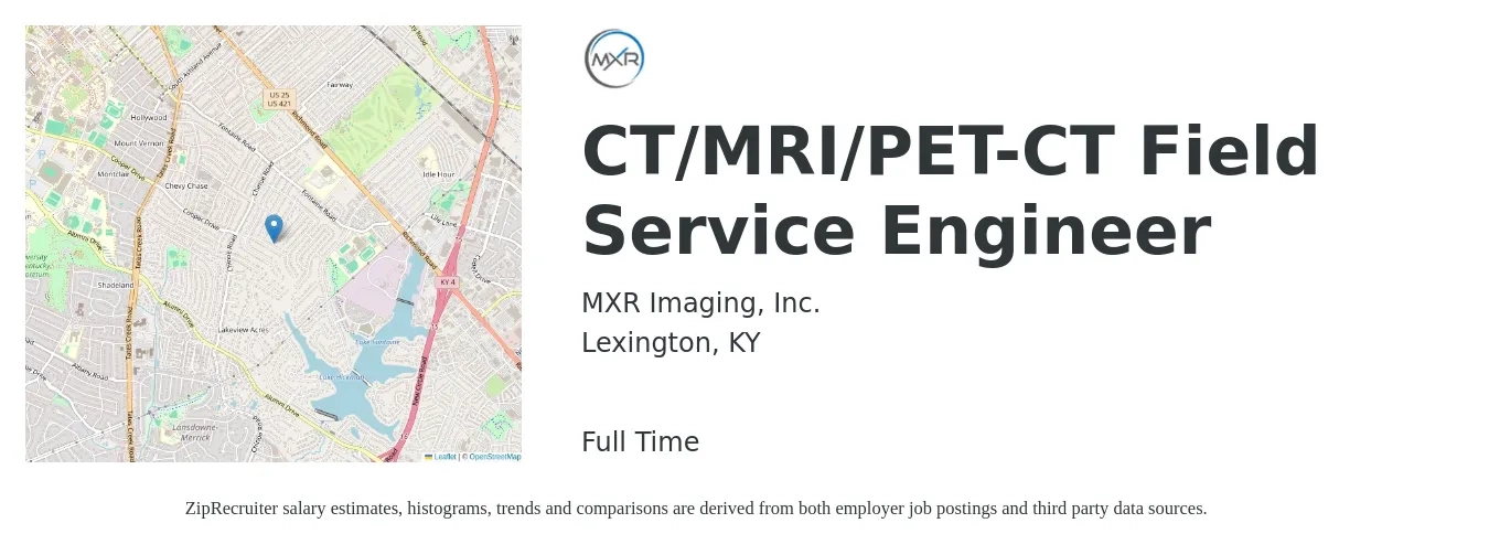 MXR Imaging, Inc. job posting for a CT/MRI/PET-CT Field Service Engineer in Lexington, KY with a salary of $56,700 to $84,000 Yearly with a map of Lexington location.