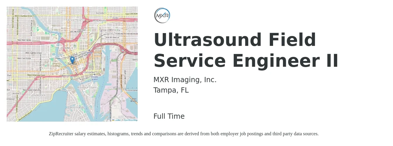 MXR Imaging, Inc. job posting for a Ultrasound Field Service Engineer II in Tampa, FL with a salary of $51,400 to $76,100 Yearly with a map of Tampa location.