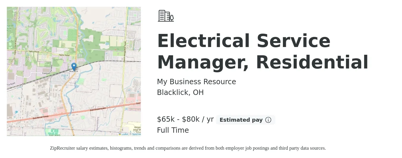 My Business Resource job posting for a Electrical Service Manager, Residential in Blacklick, OH with a salary of $65,000 to $80,000 Yearly with a map of Blacklick location.