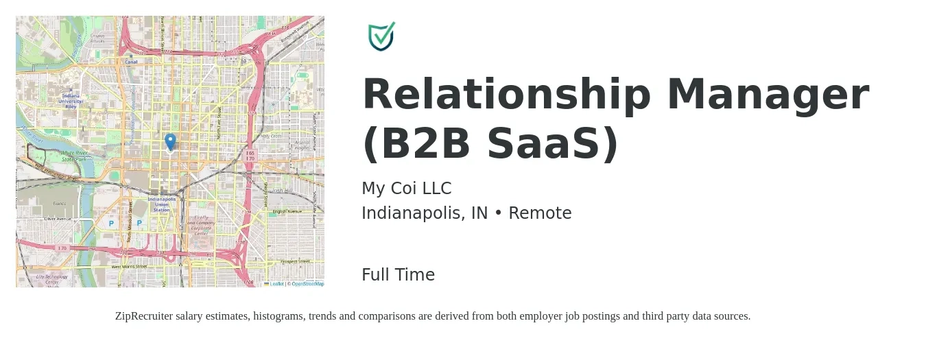 My Coi LLC job posting for a Relationship Manager (B2B SaaS) in Indianapolis, IN with a salary of $48,300 to $100,800 Yearly with a map of Indianapolis location.