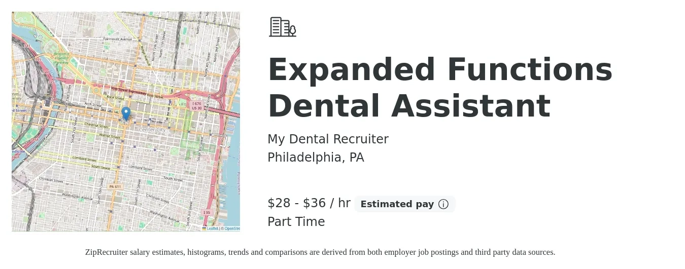 My Dental Recruiter job posting for a Expanded Functions Dental Assistant in Philadelphia, PA with a salary of $30 to $38 Hourly with a map of Philadelphia location.