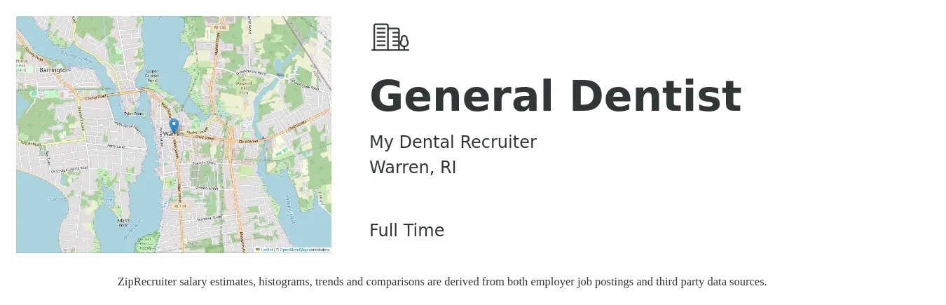 My Dental Recruiter job posting for a General Dentist in Warren, RI with a salary of $154,200 to $249,200 Yearly with a map of Warren location.