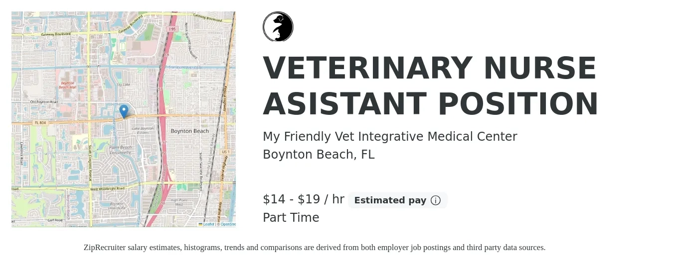 My Friendly Vet Integrative Medical Center job posting for a VETERINARY NURSE ASISTANT POSITION in Boynton Beach, FL with a salary of $15 to $20 Hourly with a map of Boynton Beach location.
