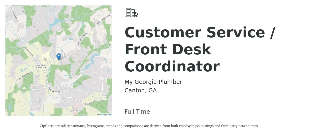 My Georgia Plumber job posting for a Customer Service / Front Desk Coordinator in Canton, GA with a salary of $15 to $22 Hourly with a map of Canton location.