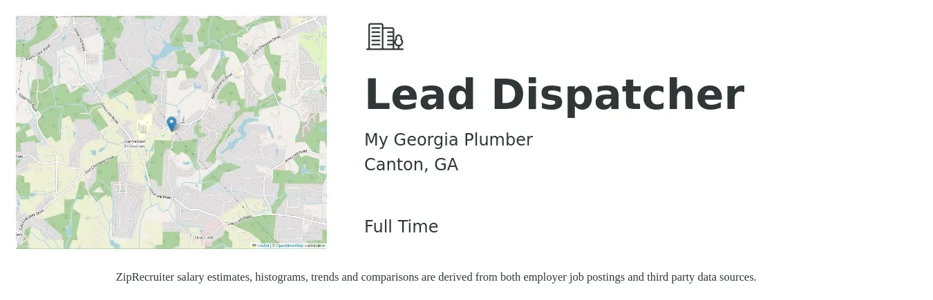 My Georgia Plumber job posting for a Lead Dispatcher in Canton, GA with a salary of $18 to $26 Hourly with a map of Canton location.