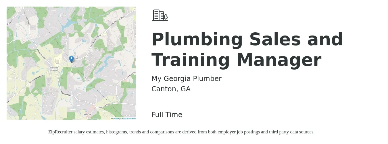 My Georgia Plumber job posting for a Plumbing Sales and Training Manager in Canton, GA with a salary of $28 to $40 Hourly with a map of Canton location.