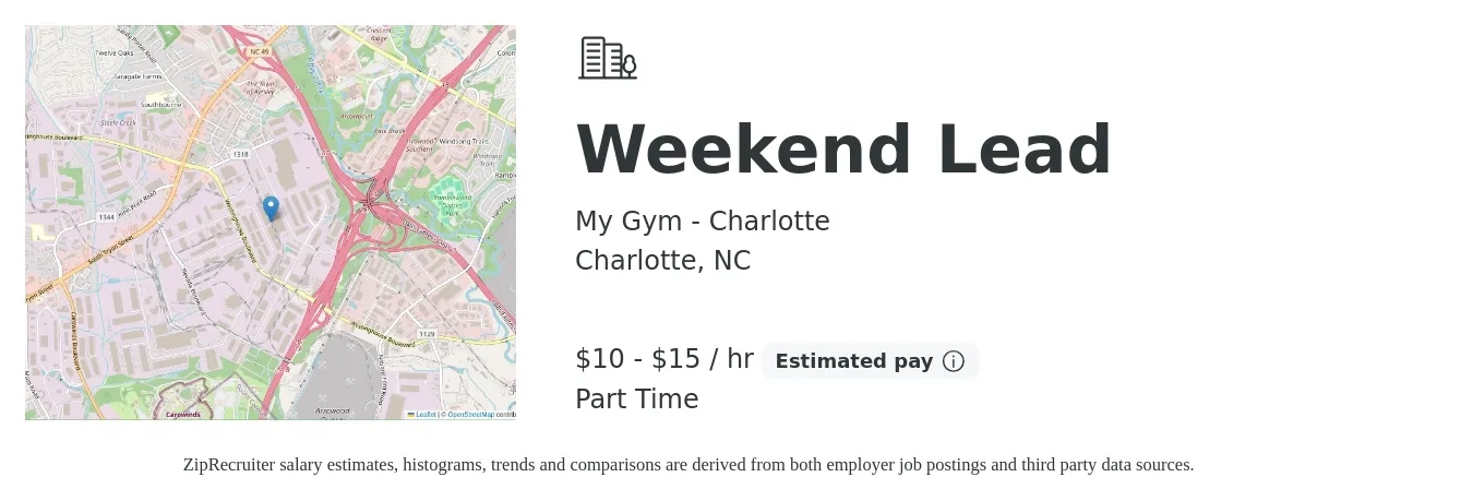 My Gym - Charlotte job posting for a Weekend Lead in Charlotte, NC with a salary of $11 to $16 Hourly with a map of Charlotte location.