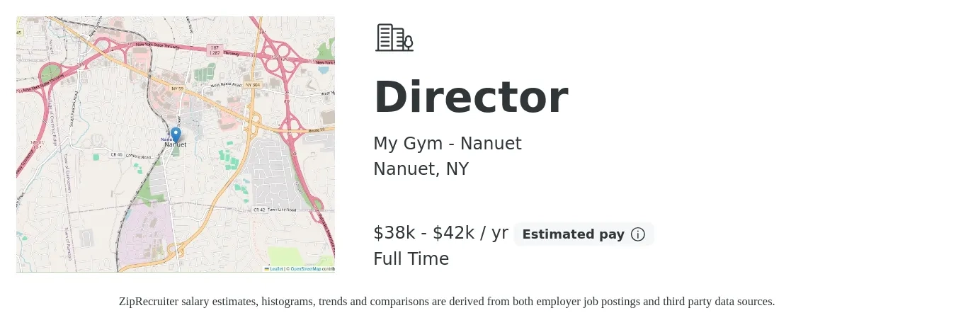 My Gym - Nanuet job posting for a Director in Nanuet, NY with a salary of $38,000 to $42,000 Yearly with a map of Nanuet location.