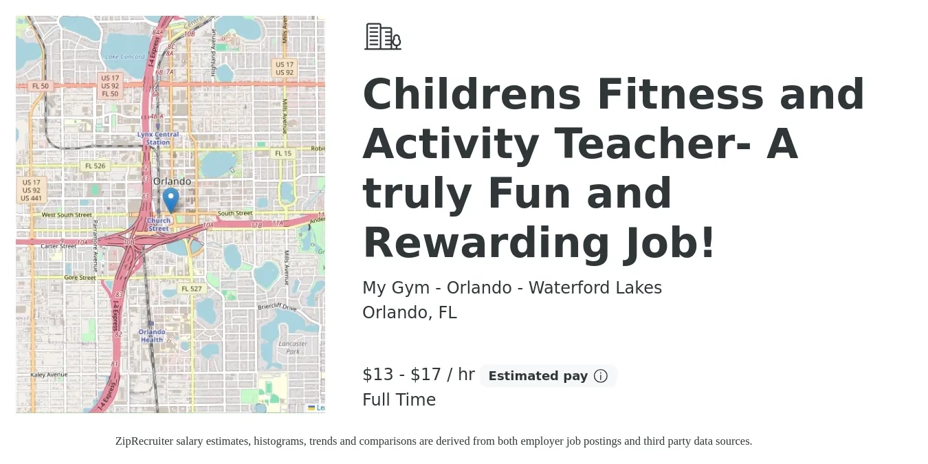 My Gym - Orlando - Waterford Lakes job posting for a Childrens Fitness and Activity Teacher- A truly Fun and Rewarding Job! in Orlando, FL with a salary of $14 to $18 Hourly with a map of Orlando location.