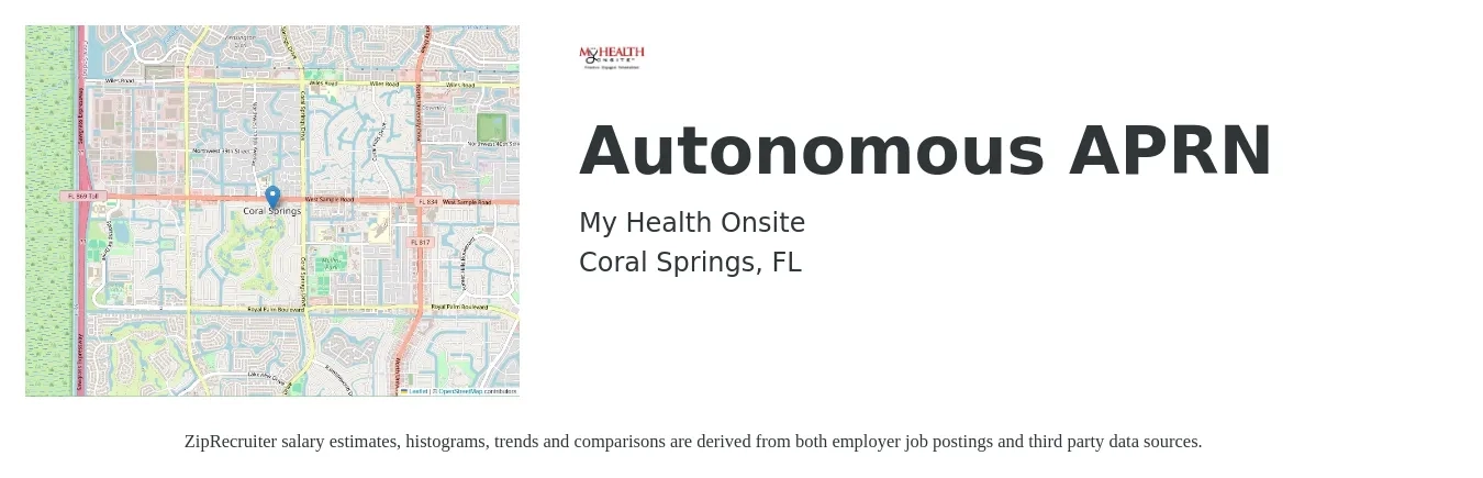 My Health Onsite job posting for a Autonomous APRN in Coral Springs, FL with a salary of $103,800 to $134,300 Yearly with a map of Coral Springs location.