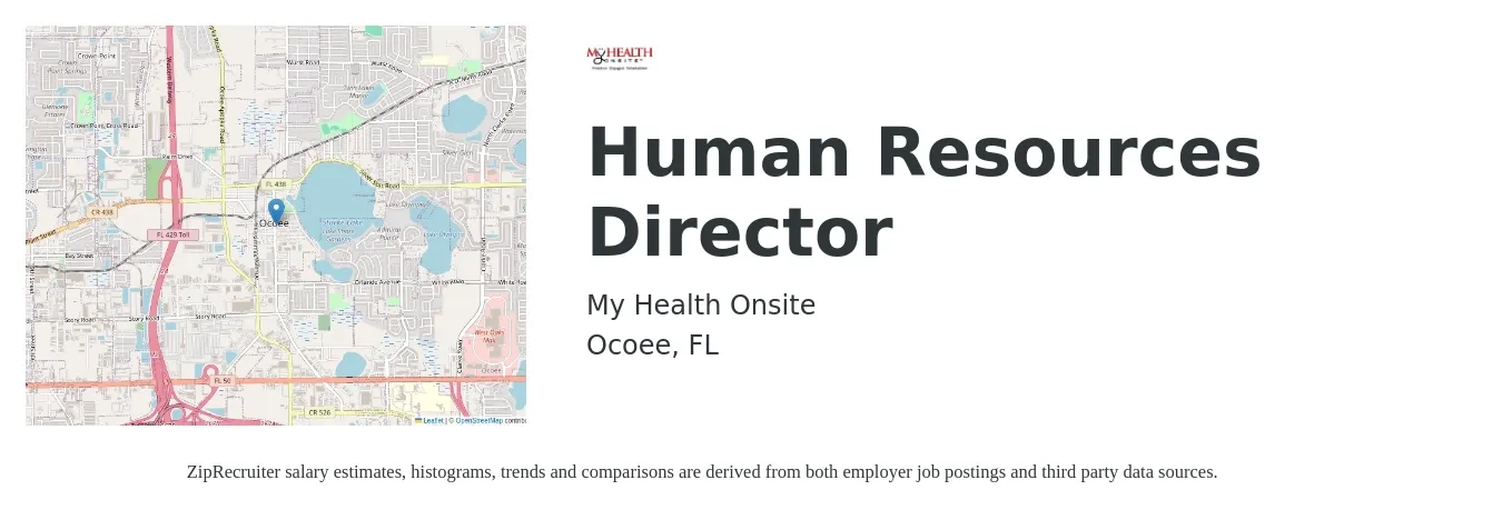 My Health Onsite job posting for a Human Resources Director in Ocoee, FL with a salary of $77,800 to $120,000 Yearly with a map of Ocoee location.