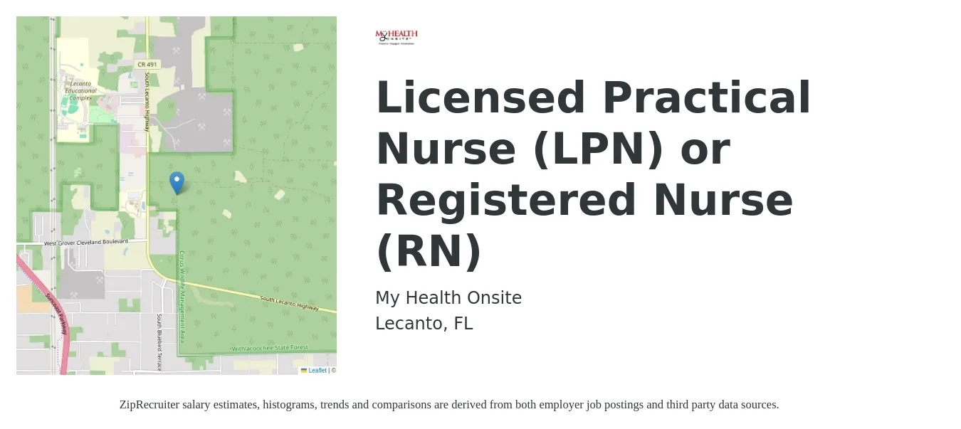 My Health Onsite job posting for a Licensed Practical Nurse (LPN) or Registered Nurse (RN) in Lecanto, FL with a salary of $20 to $27 Hourly with a map of Lecanto location.