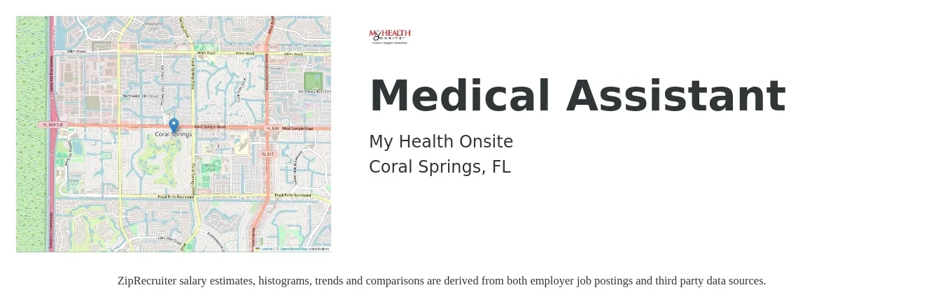My Health Onsite job posting for a Medical Assistant in Coral Springs, FL with a salary of $17 to $22 Hourly with a map of Coral Springs location.