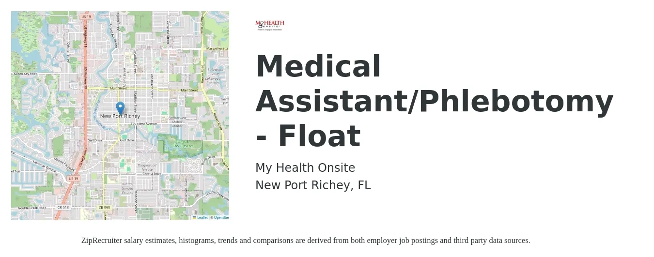 My Health Onsite job posting for a Medical Assistant/Phlebotomy - Float in New Port Richey, FL with a salary of $16 to $20 Hourly with a map of New Port Richey location.