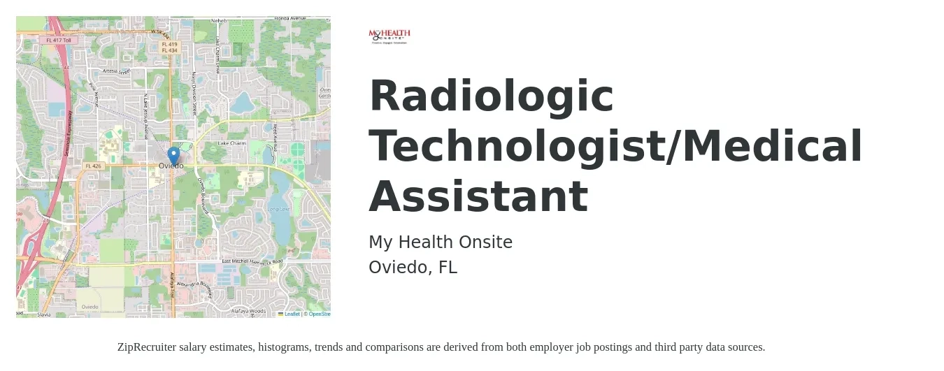 My Health Onsite job posting for a Radiologic Technologist/Medical Assistant in Oviedo, FL with a salary of $1,020 to $2,110 Weekly with a map of Oviedo location.