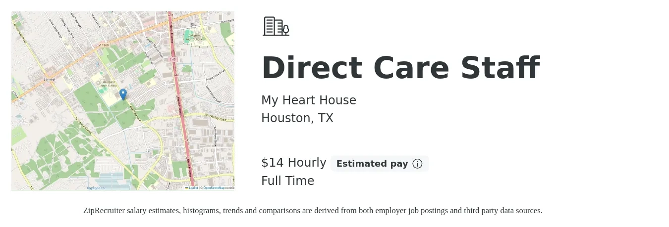 My Heart House job posting for a Direct Care Staff in Houston, TX with a salary of $15 Hourly and benefits including pto with a map of Houston location.