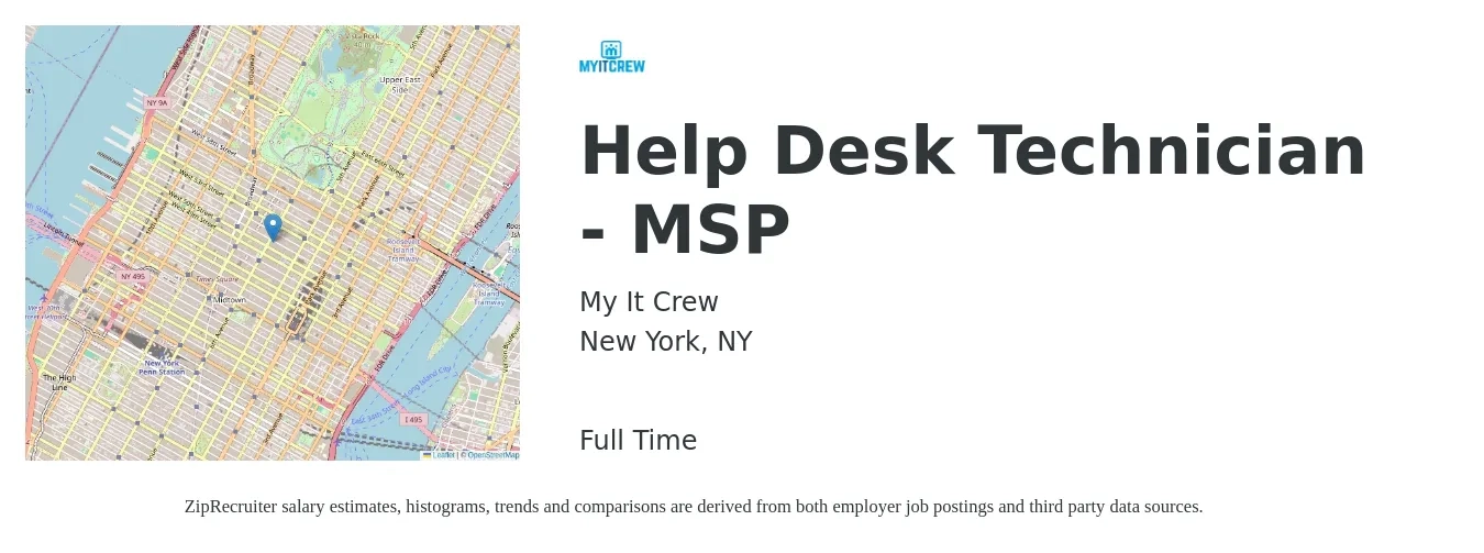 My It Crew job posting for a Help Desk Technician - MSP in New York, NY with a salary of $36,000 to $50,000 Yearly with a map of New York location.