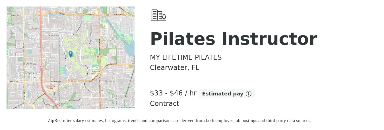MY LIFETIME PILATES job posting for a Pilates Instructor in Clearwater, FL with a salary of $35 to $48 Hourly with a map of Clearwater location.