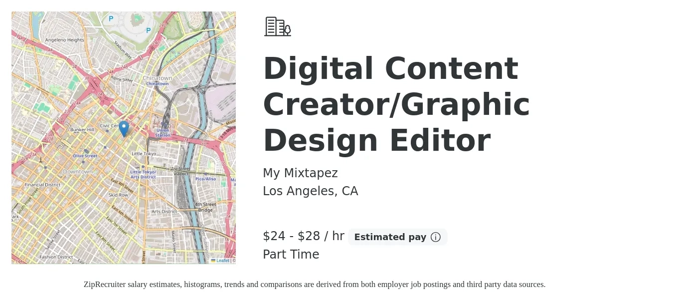 My Mixtapez job posting for a Digital Content Creator/Graphic Design Editor in Los Angeles, CA with a salary of $25 to $30 Hourly with a map of Los Angeles location.