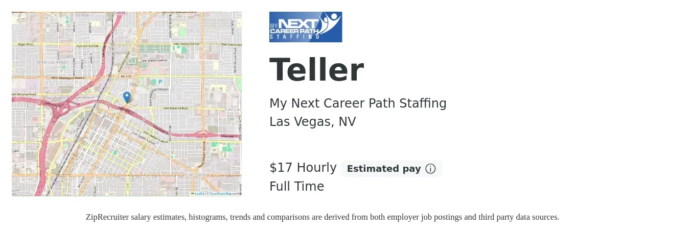 My Next Career Path Staffing job posting for a Teller in Las Vegas, NV with a salary of $18 Hourly with a map of Las Vegas location.