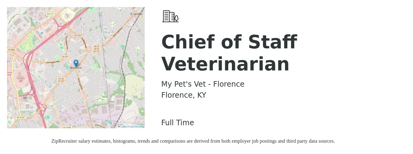My Pet's Vet - Florence job posting for a Chief of Staff Veterinarian in Florence, KY with a salary of $111,200 to $216,400 Yearly with a map of Florence location.