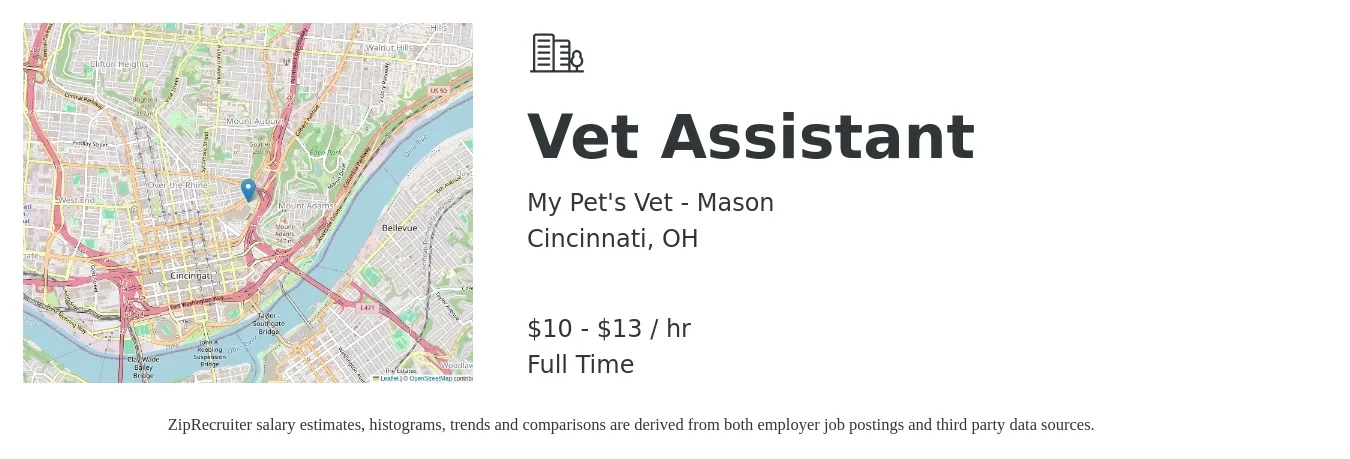 My Pet's Vet - Mason job posting for a Vet Assistant in Cincinnati, OH with a salary of $11 to $14 Hourly with a map of Cincinnati location.