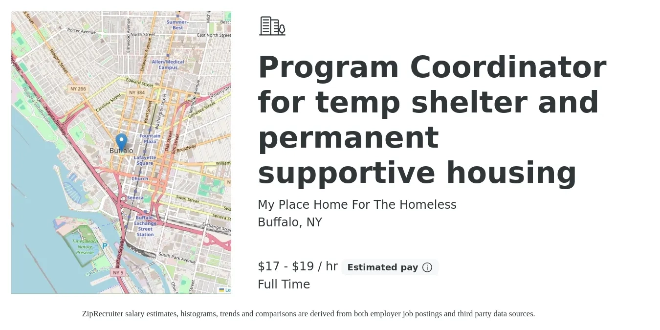My Place Home For The Homeless job posting for a Program Coordinator for temp shelter and permanent supportive housing in Buffalo, NY with a salary of $18 to $20 Hourly with a map of Buffalo location.