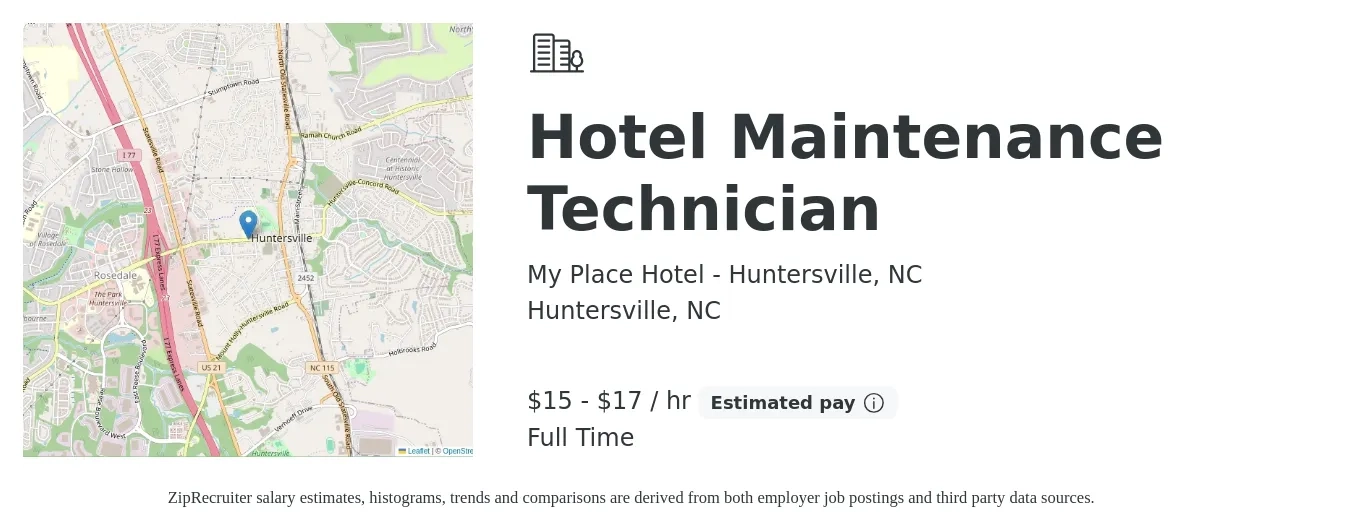 My Place Hotel - Huntersville, NC job posting for a Hotel Maintenance Technician in Huntersville, NC with a salary of $16 to $18 Hourly with a map of Huntersville location.