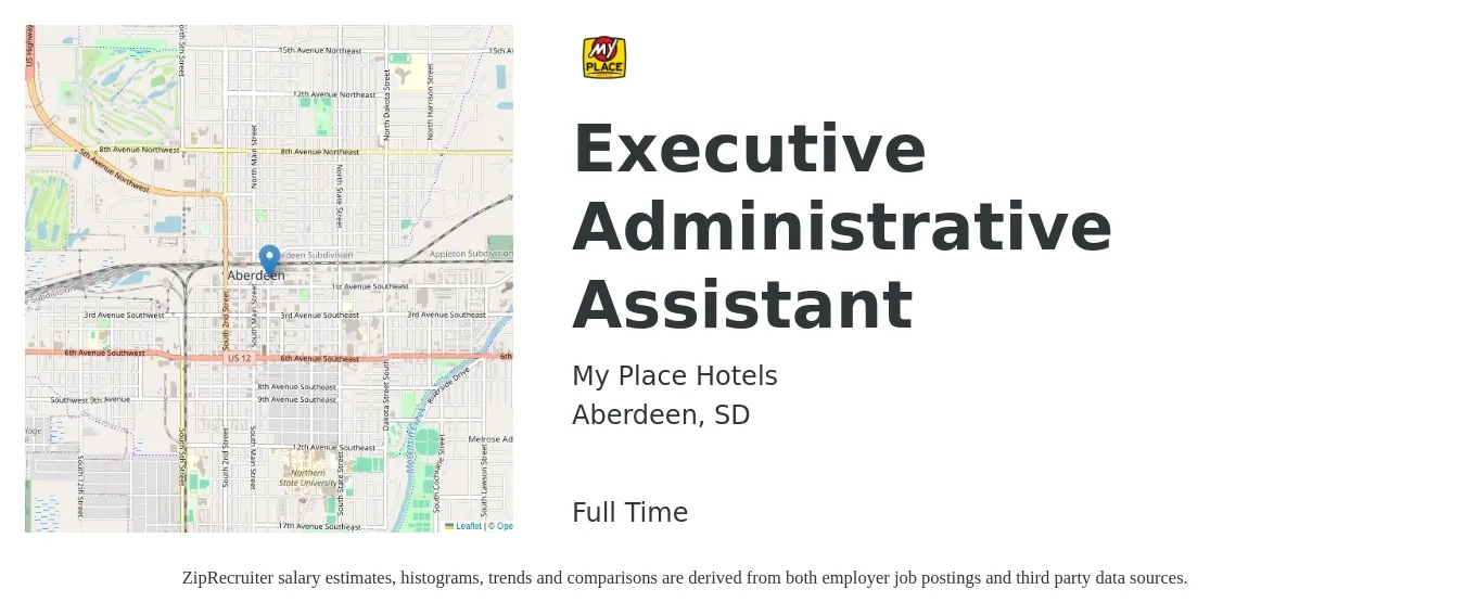 My Place Hotels job posting for a Executive Administrative Assistant in Aberdeen, SD with a salary of $22 to $36 Hourly with a map of Aberdeen location.