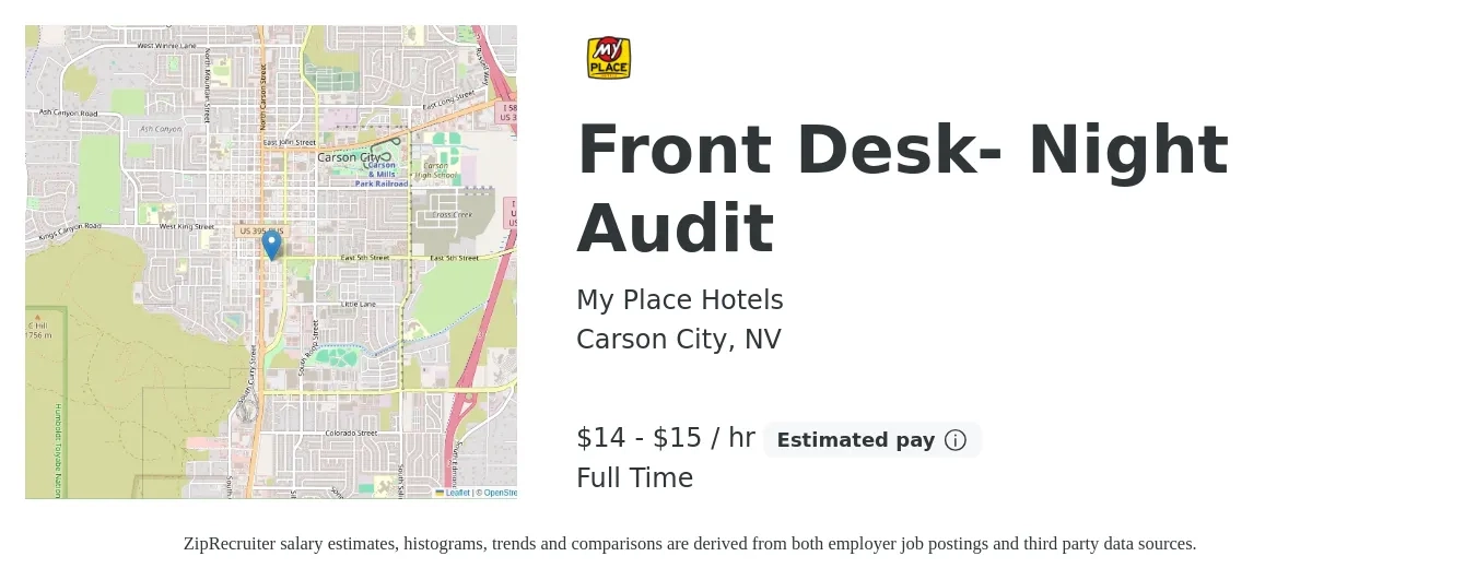 My Place Hotels job posting for a Front Desk- Night Audit in Carson City, NV with a salary of $15 to $16 Hourly with a map of Carson City location.