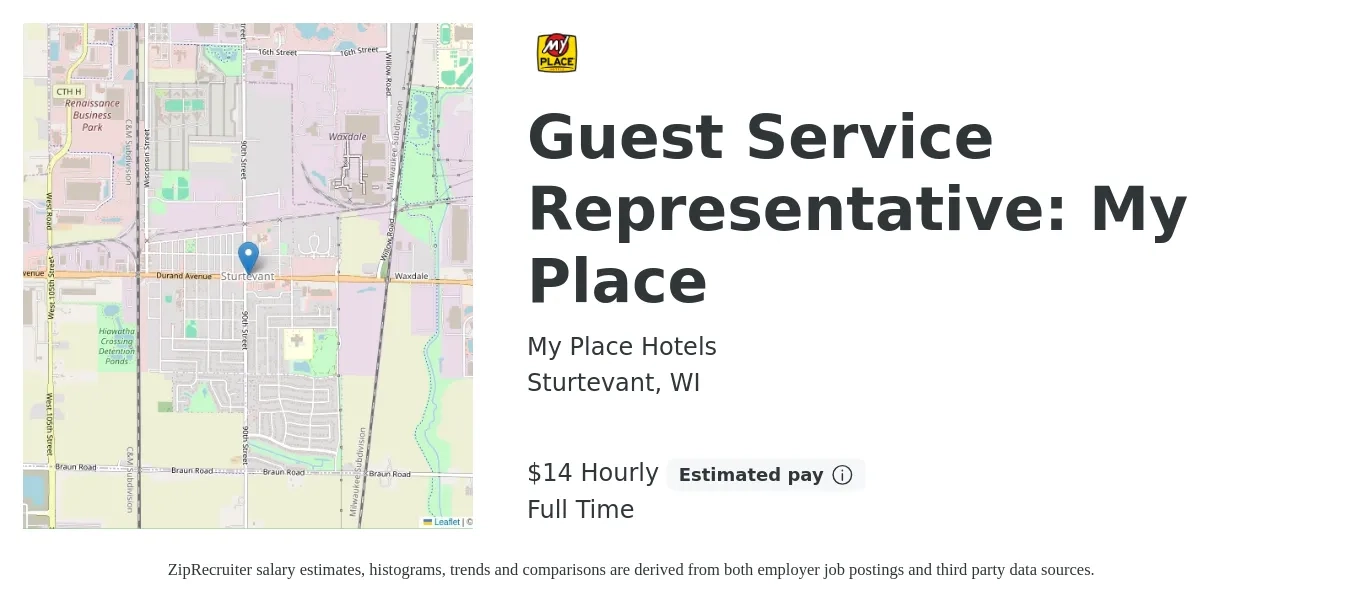 My Place Hotels job posting for a Guest Service Representative: My Place in Sturtevant, WI with a salary of $15 Hourly with a map of Sturtevant location.