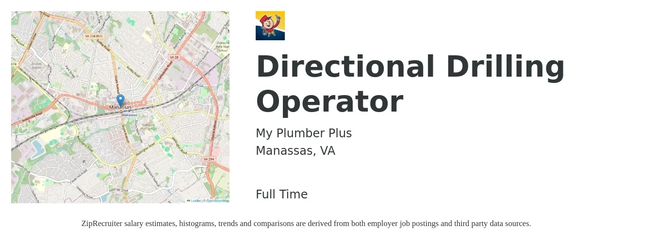 My Plumber Plus job posting for a Directional Drilling Operator in Manassas, VA with a salary of $23 to $28 Hourly with a map of Manassas location.