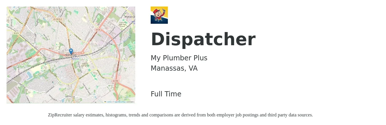 My Plumber Plus job posting for a Dispatcher in Manassas, VA with a salary of $18 Hourly with a map of Manassas location.