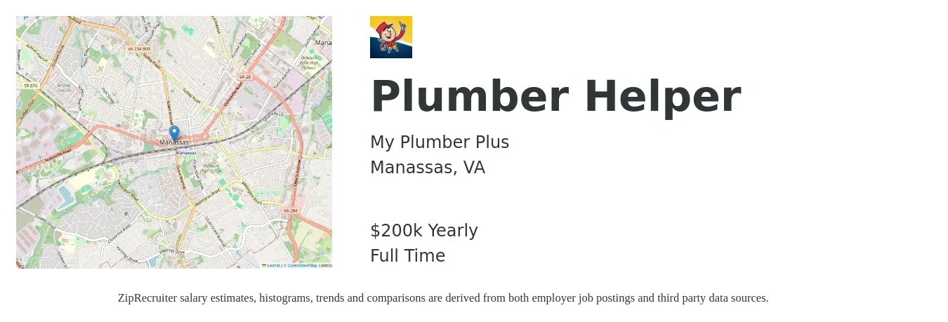 My Plumber Plus job posting for a Plumber Helper in Manassas, VA with a salary of $200,000 Yearly with a map of Manassas location.