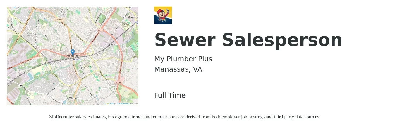 My Plumber Plus job posting for a Sewer Salesperson in Manassas, VA with a salary of $32,800 to $60,900 Yearly with a map of Manassas location.