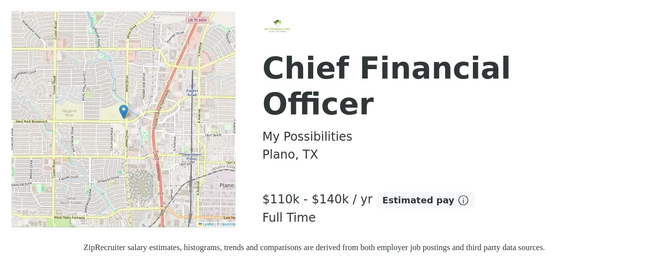 My Possibilities job posting for a Chief Financial Officer in Plano, TX with a salary of $110,000 to $140,000 Yearly with a map of Plano location.
