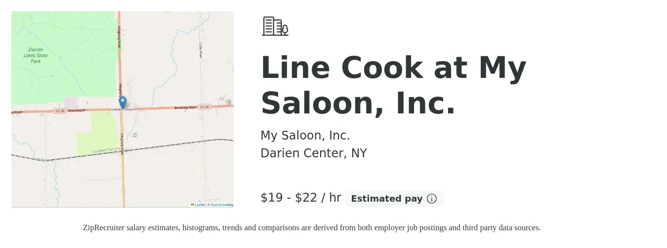 My Saloon, Inc. job posting for a Line Cook at My Saloon, Inc. in Darien Center, NY with a salary of $20 to $23 Hourly with a map of Darien Center location.