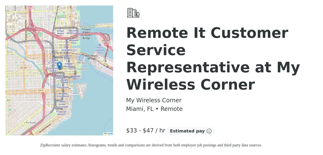 My Wireless Corner job posting for a Remote It Customer Service Representative at My Wireless Corner in Miami, FL with a salary of $35 to $49 Hourly with a map of Miami location.