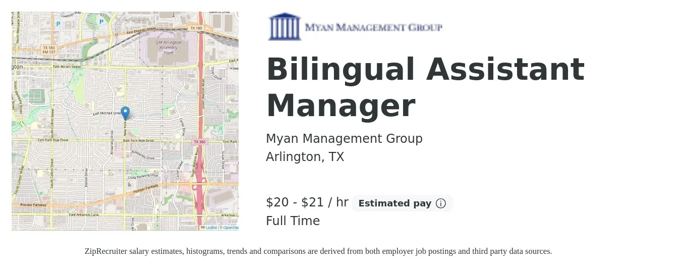 Myan Management Group job posting for a Bilingual Assistant Manager in Arlington, TX with a salary of $21 to $22 Hourly with a map of Arlington location.