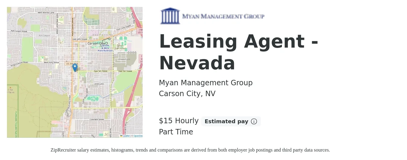 Myan Management Group job posting for a Leasing Agent - Nevada in Carson City, NV with a salary of $16 Hourly with a map of Carson City location.