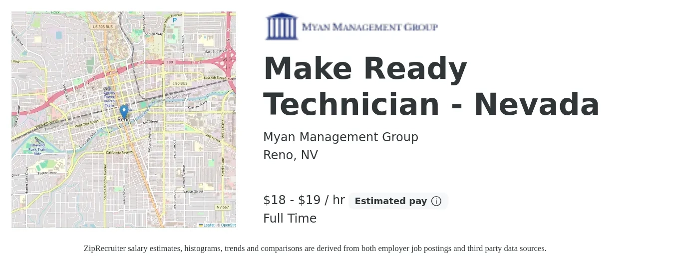Myan Management Group job posting for a Make Ready Technician - Nevada in Reno, NV with a salary of $19 to $20 Hourly with a map of Reno location.