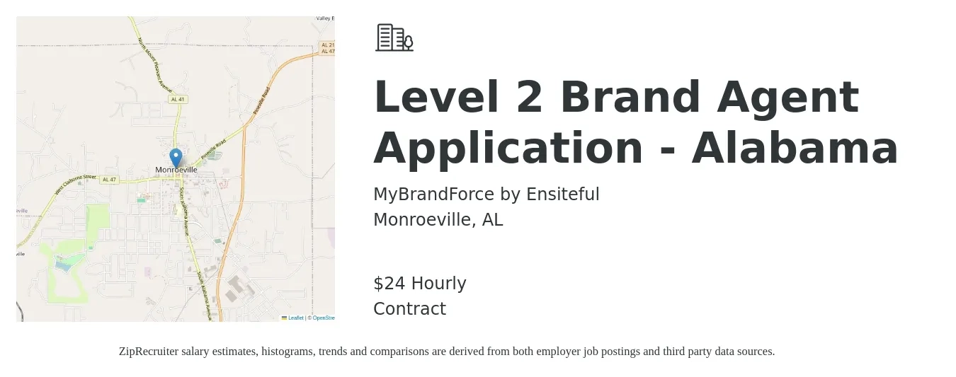 MyBrandForce by Ensiteful job posting for a Level 2 Brand Agent Application - Alabama in Monroeville, AL with a salary of $25 Hourly with a map of Monroeville location.