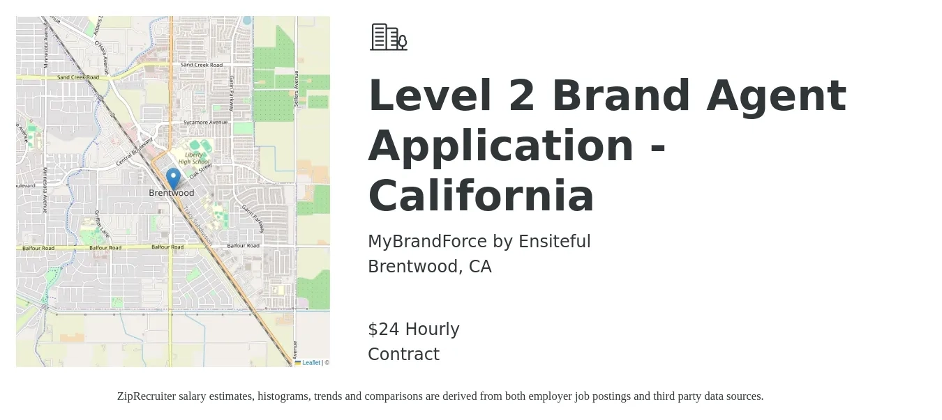 MyBrandForce by Ensiteful job posting for a Level 2 Brand Agent Application - California in Brentwood, CA with a salary of $25 Hourly with a map of Brentwood location.