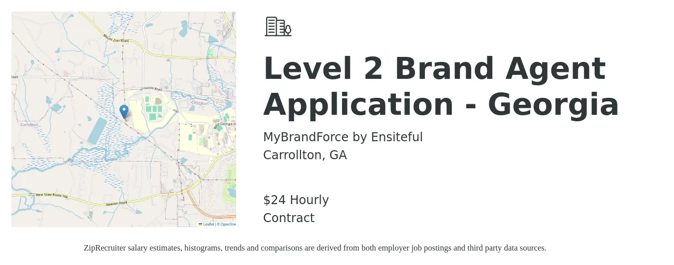 MyBrandForce by Ensiteful job posting for a Level 2 Brand Agent Application - Georgia in Carrollton, GA with a salary of $25 Hourly with a map of Carrollton location.