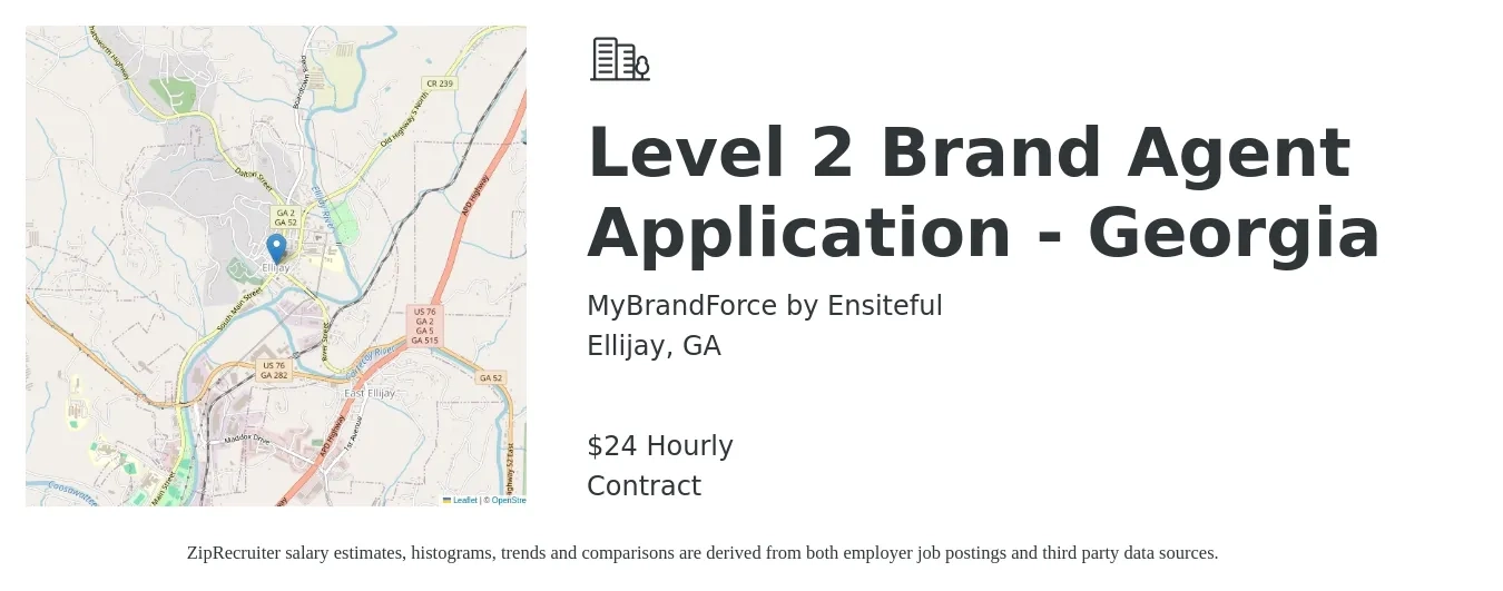 MyBrandForce by Ensiteful job posting for a Level 2 Brand Agent Application - Georgia in Ellijay, GA with a salary of $25 Hourly with a map of Ellijay location.